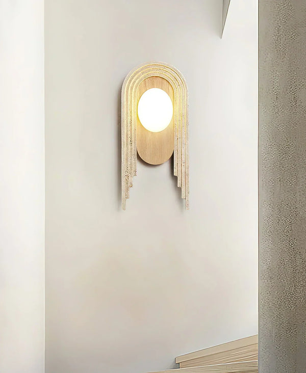 modern beige travertine wood glass wall light