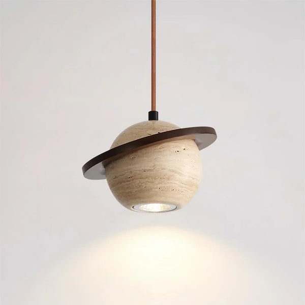 modern beige travertine wood planet pendant light