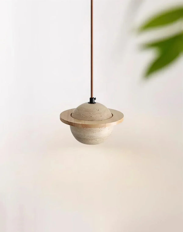 modern beige travertine wood planet pendant light