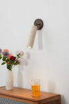 modern beige travertine wood wall sconce