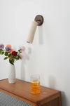 modern beige travertine wood wall sconce