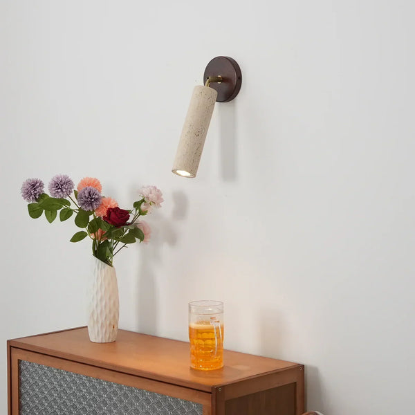 modern beige travertine wood wall sconce