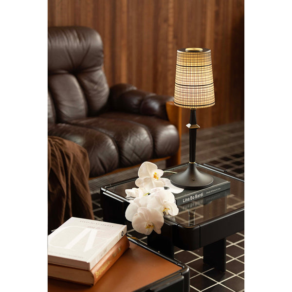 modern black iron wood glass rechargeable table lamp