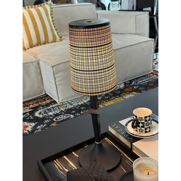 modern black iron wood glass rechargeable table lamp