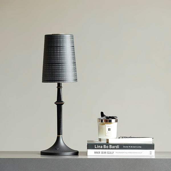 modern black iron wood glass rechargeable table lamp