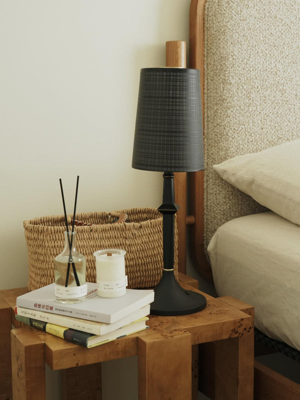 modern black iron wood glass rechargeable table lamp