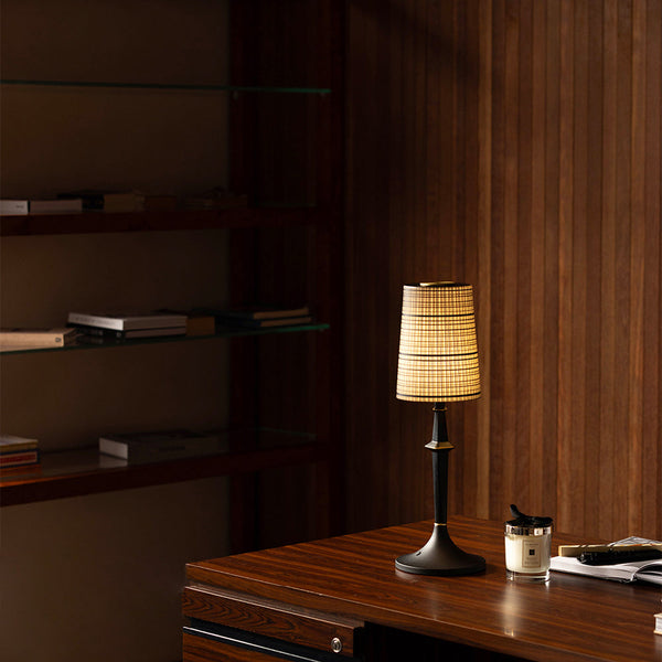 modern black iron wood glass rechargeable table lamp