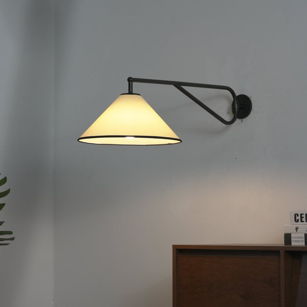 modern black metal swing arm wall sconce beige fabric shade