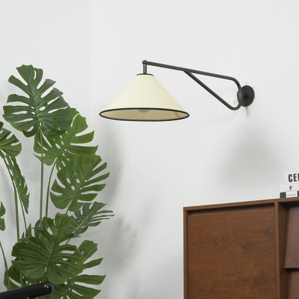 modern black metal swing arm wall sconce beige fabric shade