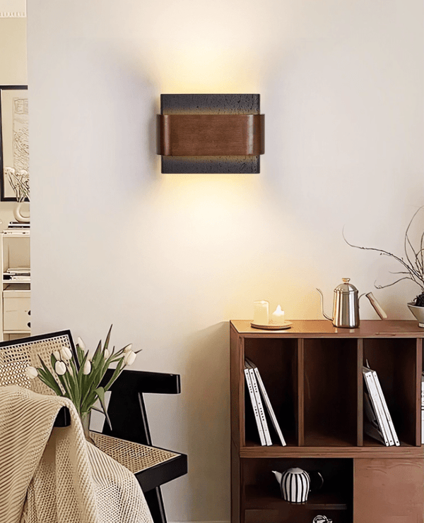 modern black travertine walnut led wall sconce