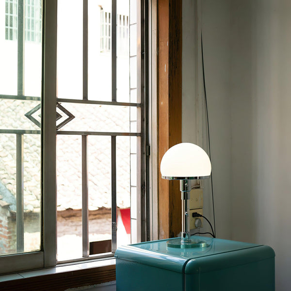modern chrome clear glass bauhaus table lamp