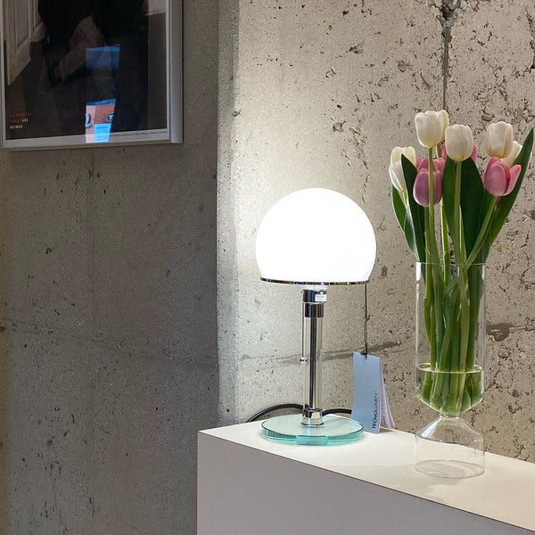 modern chrome clear glass bauhaus table lamp