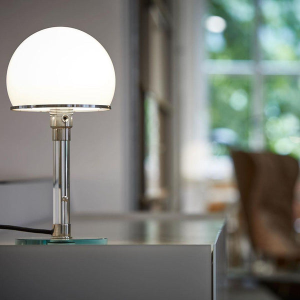 modern chrome clear glass bauhaus table lamp