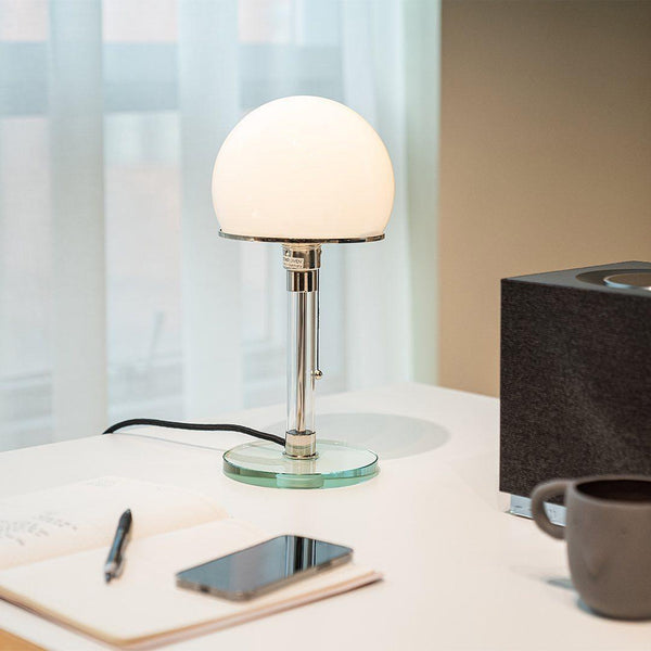 modern chrome clear glass bauhaus table lamp