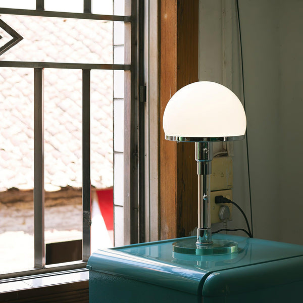 modern chrome clear glass bauhaus table lamp