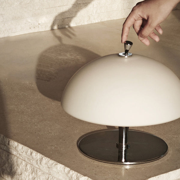 modern chrome white glass beret rechargeable table lamp