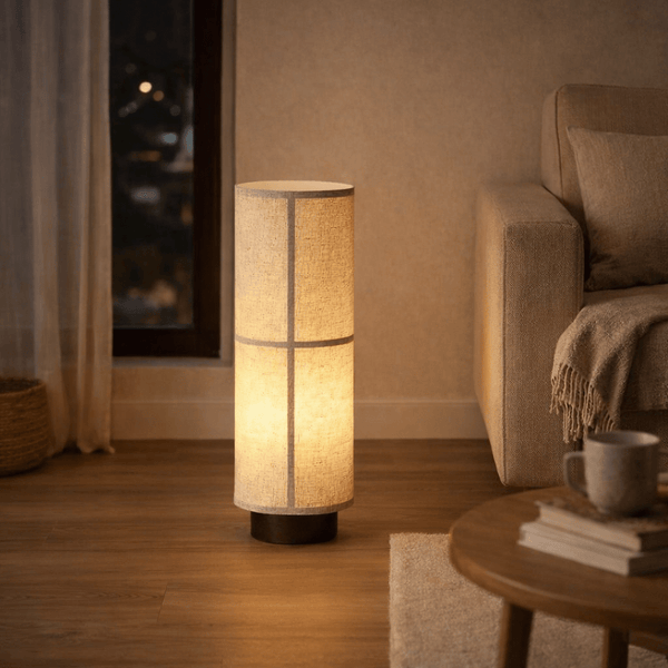 modern dark walnut fabric cylinder floor lamp