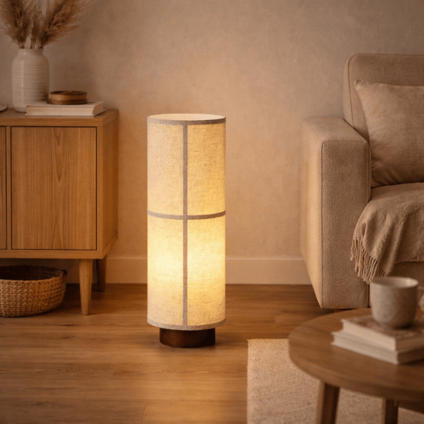 modern dark walnut fabric cylinder floor lamp