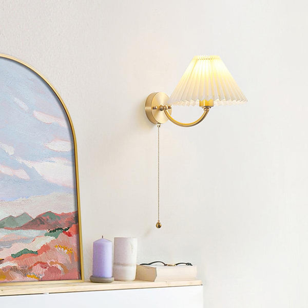 modern gold brass pleated fabric wall sconce