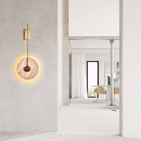 modern gold travertine disc led wall sconce