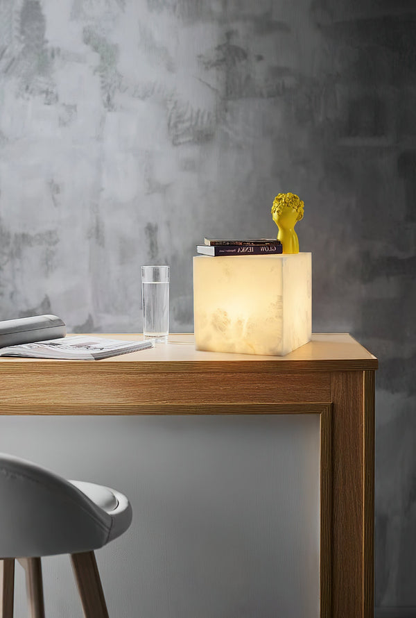 modern snow white natural alabaster cube table lamp