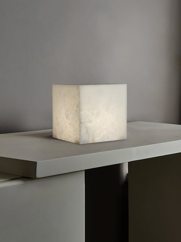 modern snow white natural alabaster cube table lamp