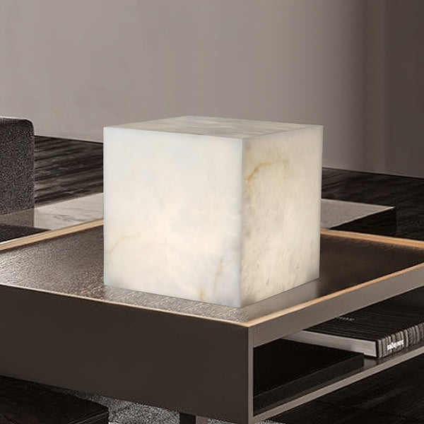 modern snow white natural alabaster cube table lamp