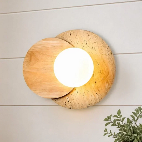 modern travertine wood double globe wall sconce
