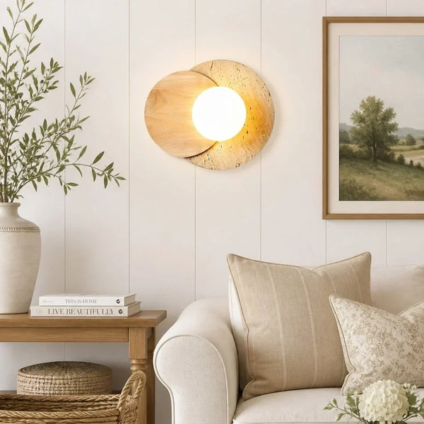 modern travertine wood double globe wall sconce