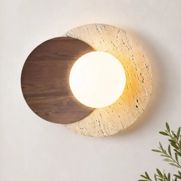 modern travertine wood double globe wall sconce