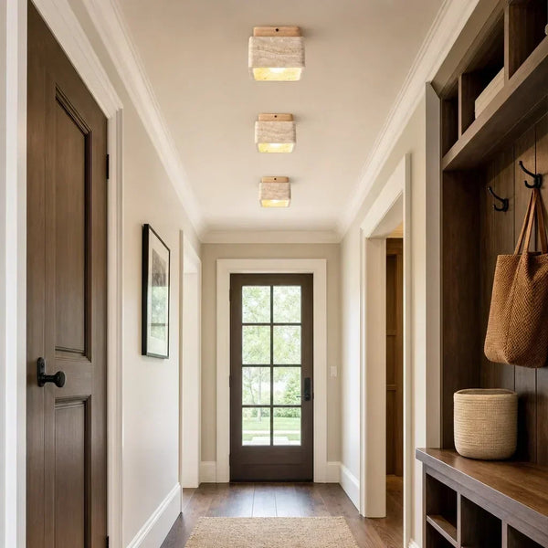 modern travertine wood square semi flush ceiling light
