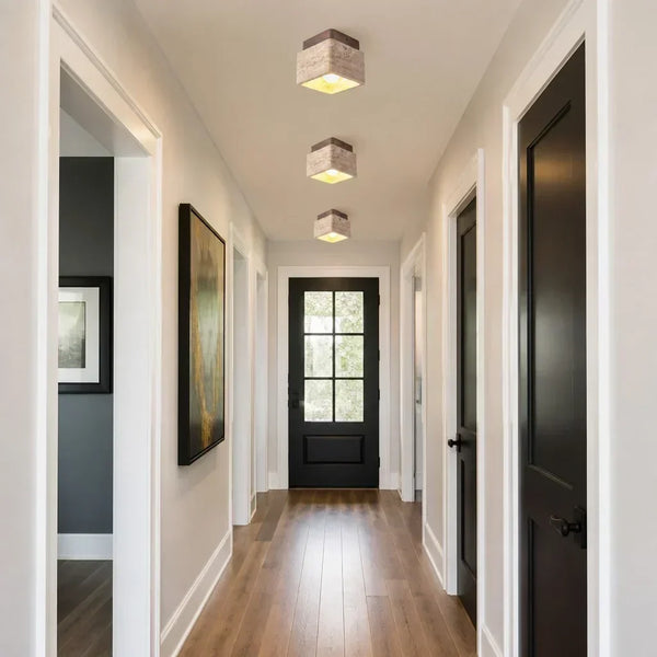 modern travertine wood square semi flush ceiling light