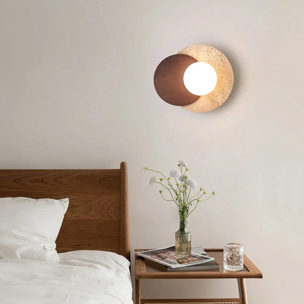modern walnut beige travertine glass wall lamp