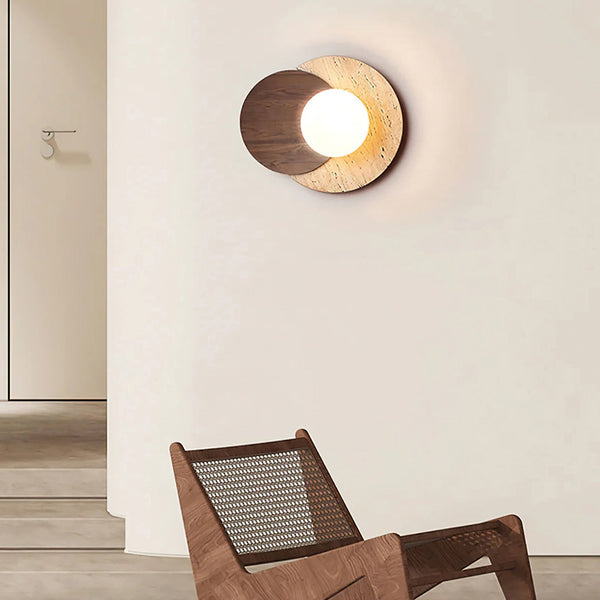 modern walnut beige travertine glass wall lamp