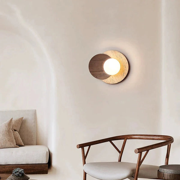modern walnut beige travertine glass wall lamp