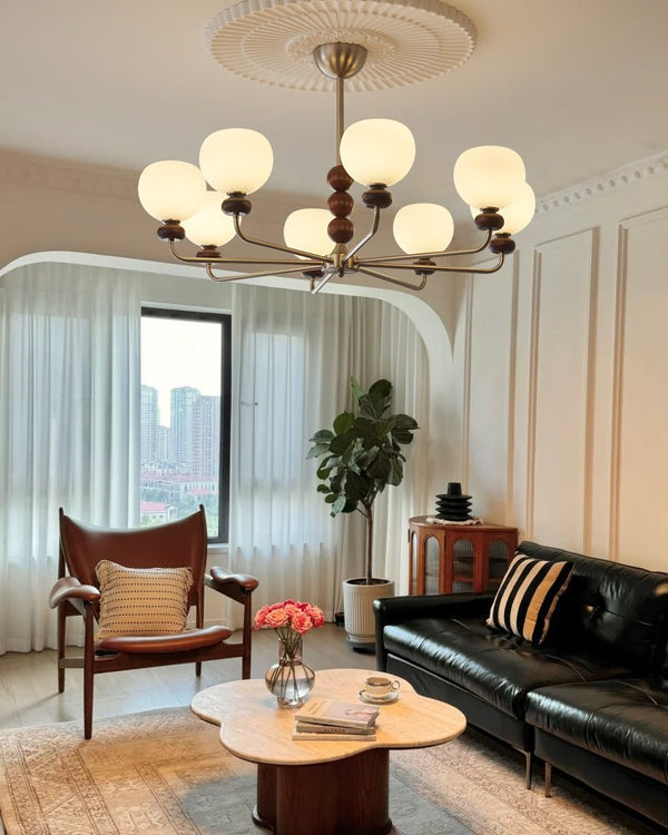 modern walnut frosted glass orb chandelier