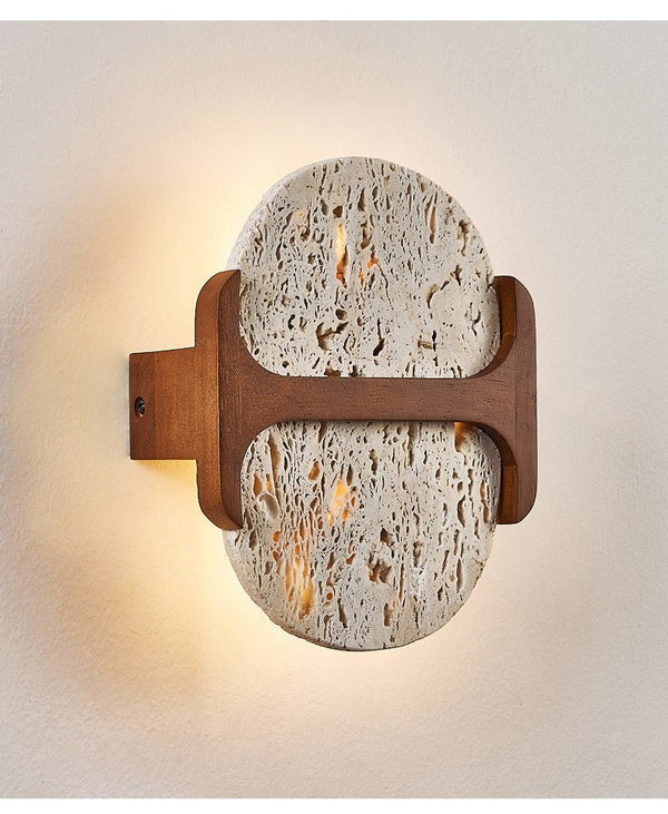 modern walnut travertine disc led wall sconce