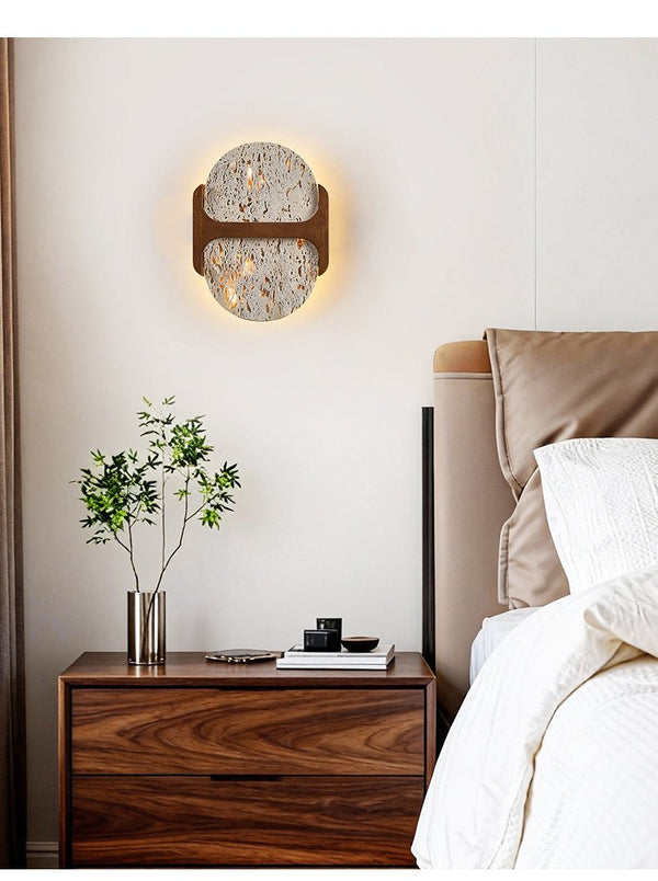 modern walnut travertine disc led wall sconce