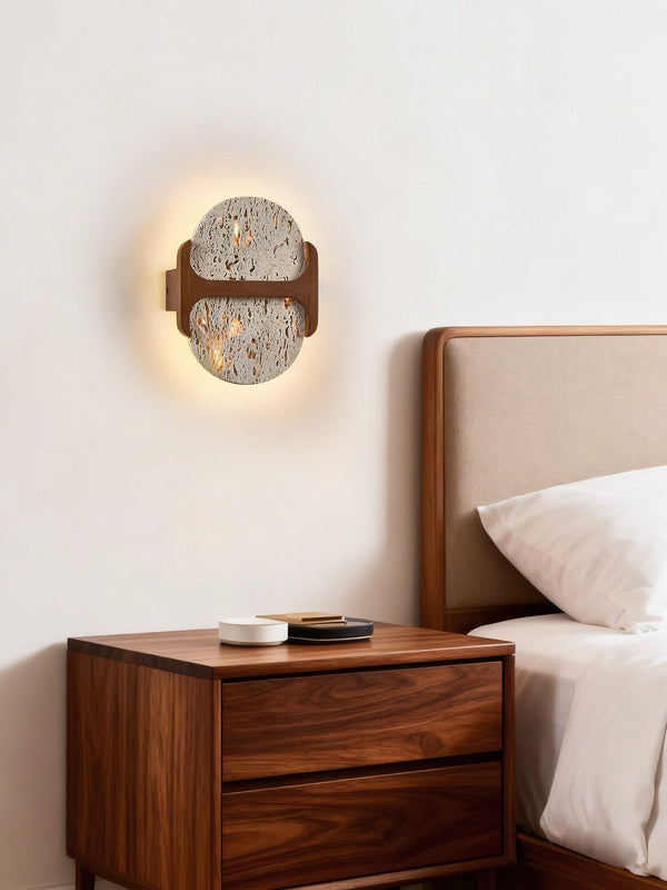 modern walnut travertine disc led wall sconce