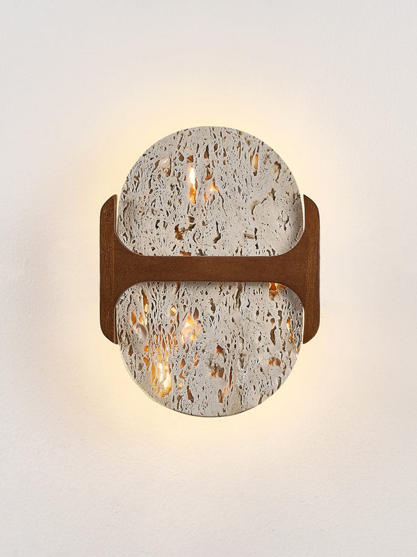 modern walnut travertine disc led wall sconce