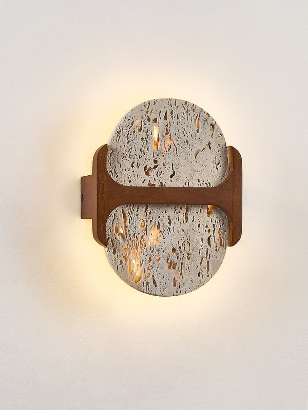 modern walnut travertine disc led wall sconce