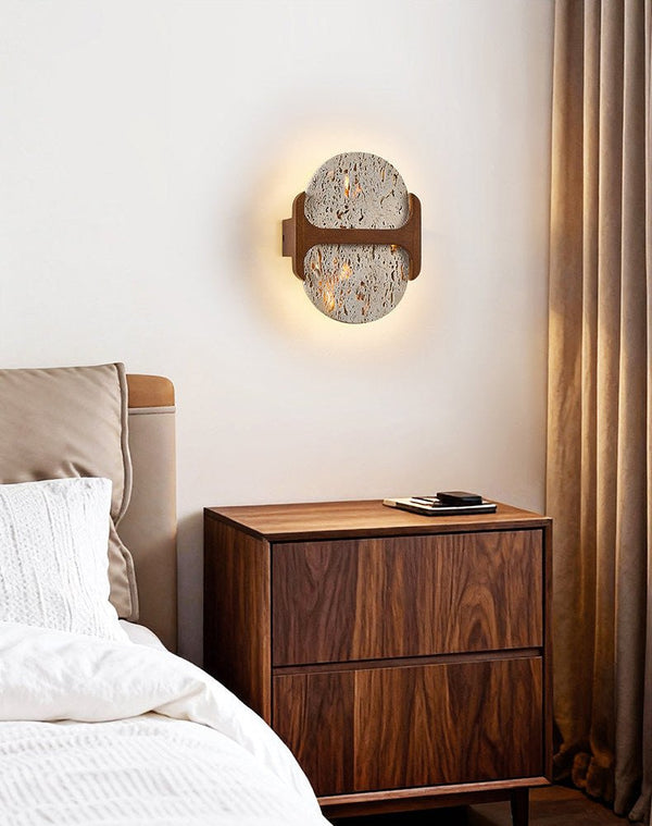 modern walnut travertine disc led wall sconce