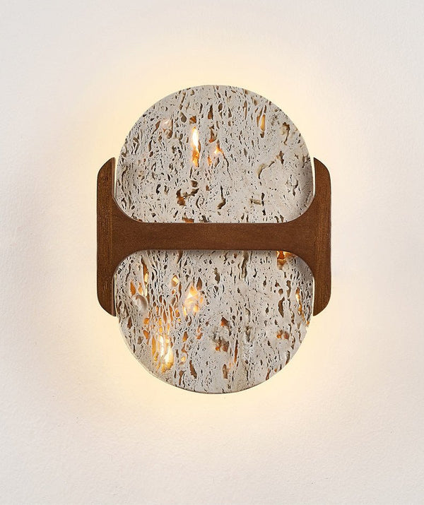 modern walnut travertine disc led wall sconce