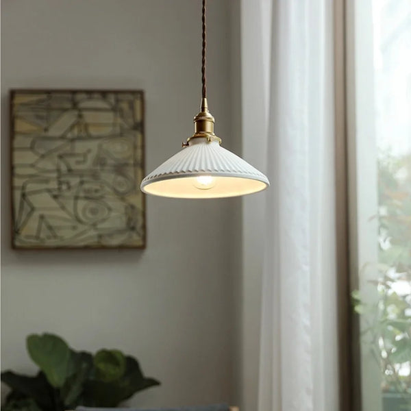 modern white ceramic pleated pendant light copper