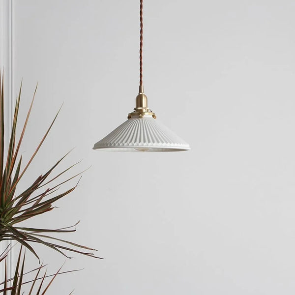 modern white ceramic pleated pendant light copper