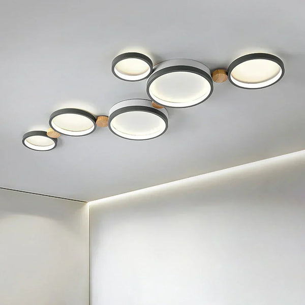 modern white iron wood circle array led flush mount