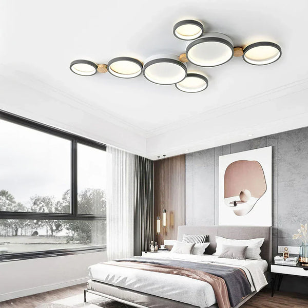 modern white iron wood circle array led flush mount