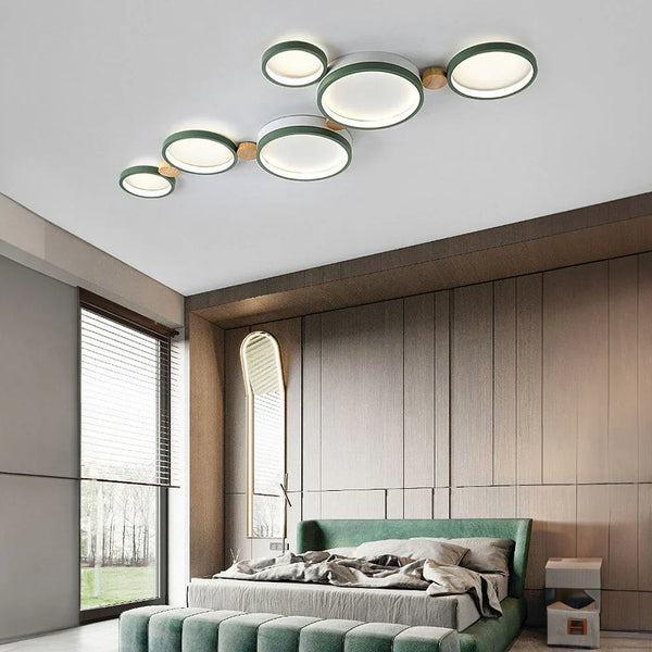 modern white iron wood circle array led flush mount