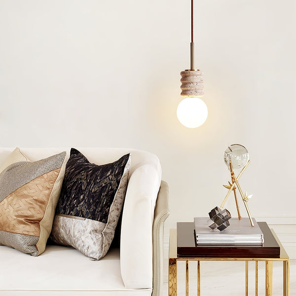 modern yellow travertine brass orb pendant light