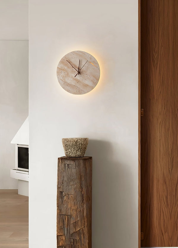 modern yellow travertine clock wall sconce